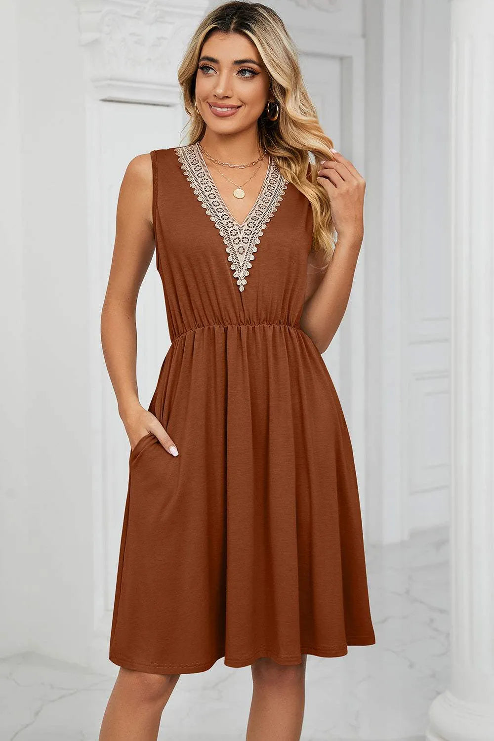 Pocketed V-Neck Wide Strap Dress Casual Dresses - Tophatter Daily Deals